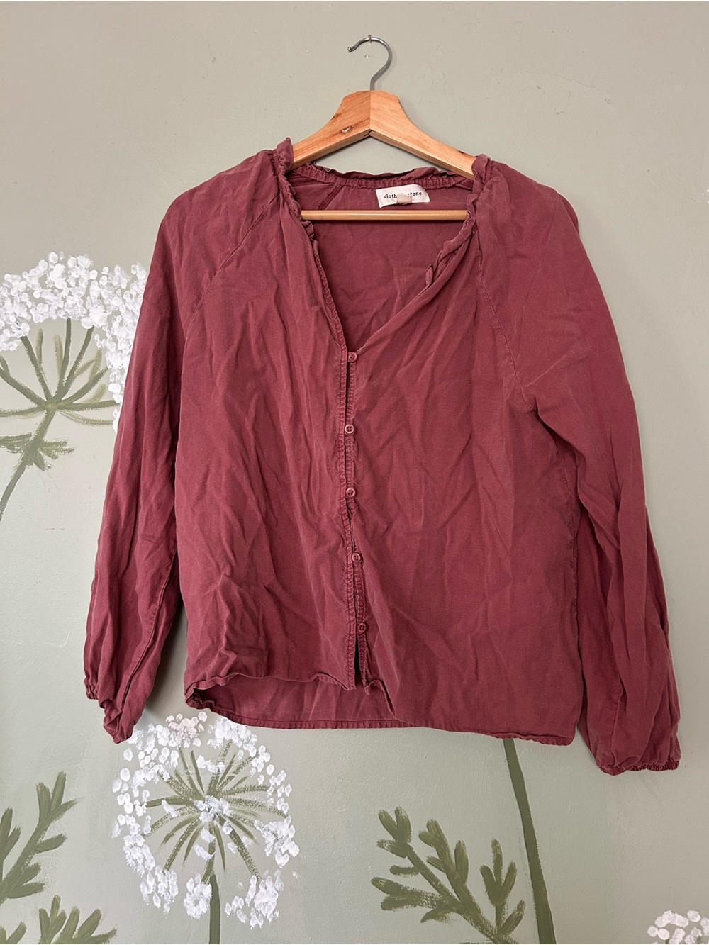 Dark Mauve Lyocell Tencel Button-Front Raglan Ruffled Blouse